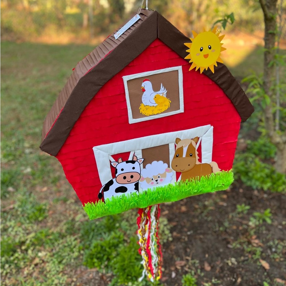 Farm Animal Red Barn Pinata with Sun Accent